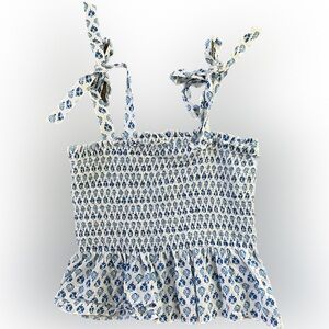 J. Crew Blue and White Block Print Smocked Peplum Top